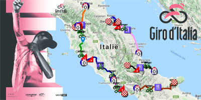 Het parcours van de Ronde van Itali 2019 op Open Street Maps/Google Earth, etappeprofielen en tijd- en routeschema's
