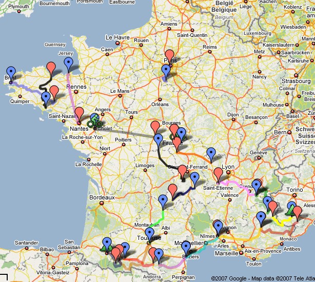 De kaart van de Tour de France 2008