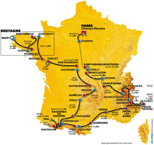 la carte du Tour de France avec le cadre autour de la Bretagne