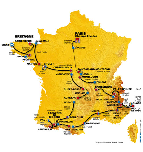 de kaart van de Tour de France zonder het kader rondom Bretagne