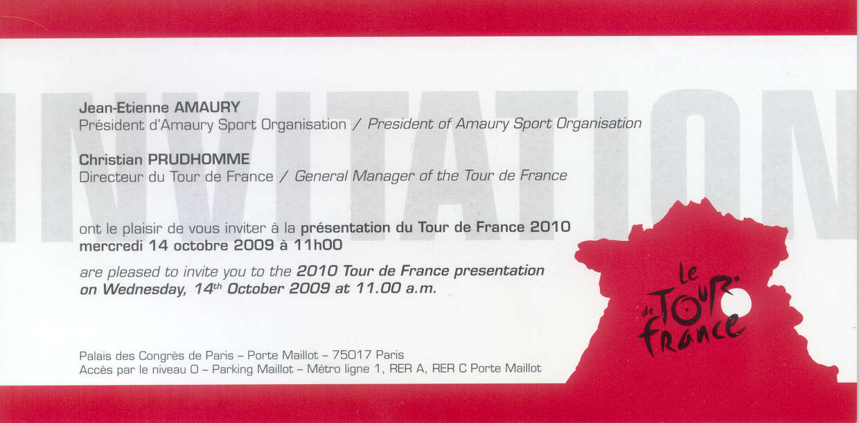 De uitnodiging voor de presentatie van de Tour de France 2010