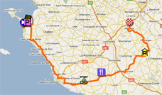 De kaart met het parcours van de eerste etappe van de Tour de France 2011 op Google Maps