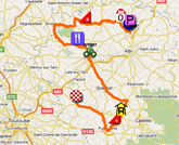 The map with the race route of the eleventh stage of the Tour de France 2011 op Google Maps