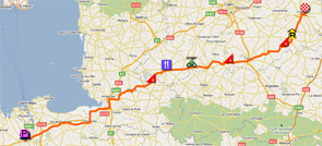 The map with the race route of the sixth stage of the Tour de France 2011 op Google Maps
