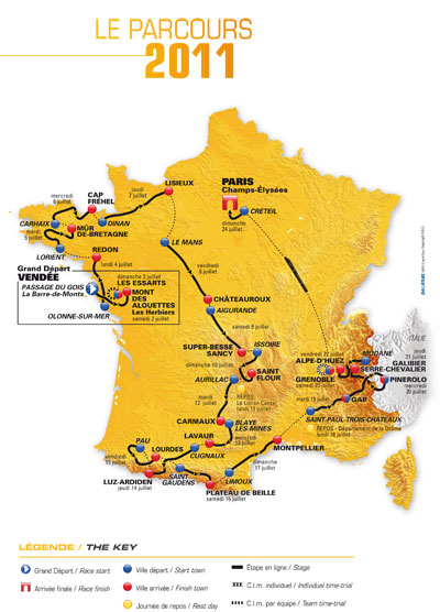 De kaart met het parcours van de Tour de France 2011 / source : ASO