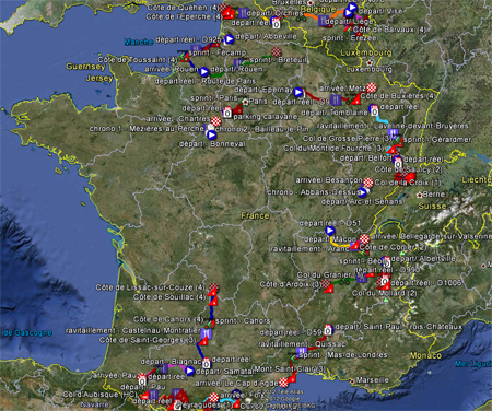 Het parcours van de Tour de France 2012 in Google Earth