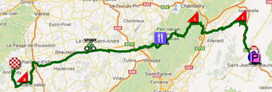 The map with the race route of the twelfth stage of the Tour de France 2012 on Google Maps