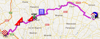 The map with the race route of the fifteenth stage of the Tour de France 2012 on Google Maps