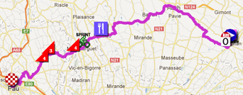 De kaart met het parcours van de vijftiende etappe van de Tour de France 2012 op Google Maps