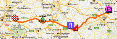 De kaart met het parcours van de tweede etappe van de Tour de France 2012 op Google Maps