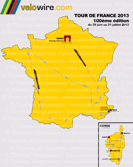 De kaart met de algehele structuur van de Tour de France 2013