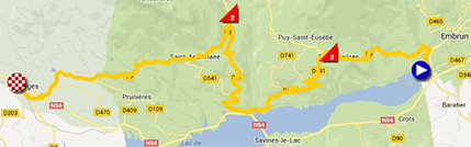 De kaart met het parcours van de zeventiende etappe van de Tour de France 2013 op Google Maps