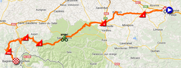 The map with the race route of the sixteenth stage of the Tour de France 2014 on Google Maps