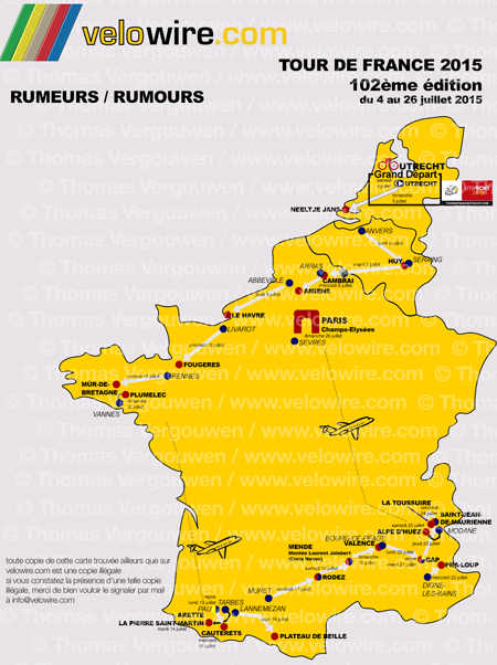 La carte détaillée du parcours du Tour de France 2015 sur la base des rumeurs