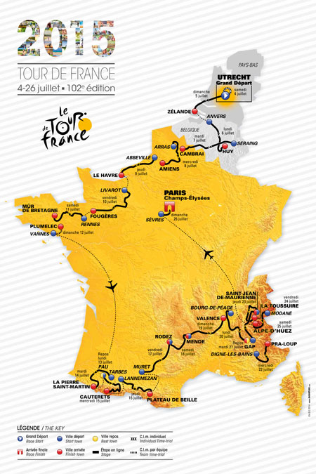 De officiële kaart van de Tour de France 2015