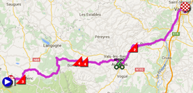 The map with the race route of the fifteenth stage of the Tour de France 2015 on Google Maps