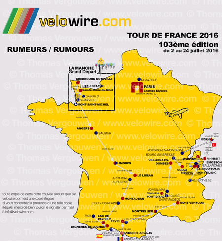 La carte détaillée du parcours du Tour de France 2016 sur la base des rumeurs