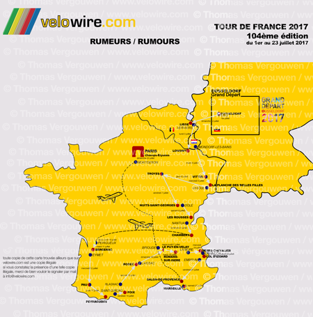 De gedetailleerde kaart met het parcours van de Tour de France 2017 op basis van de geruchten