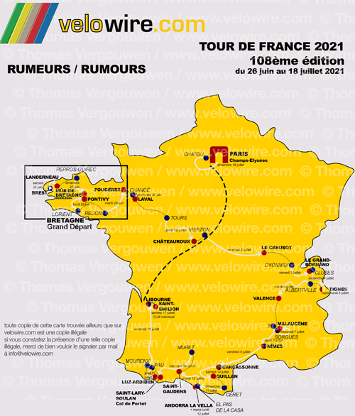 La carte détaillée du parcours du Tour de France 2021 sur la base des rumeurs