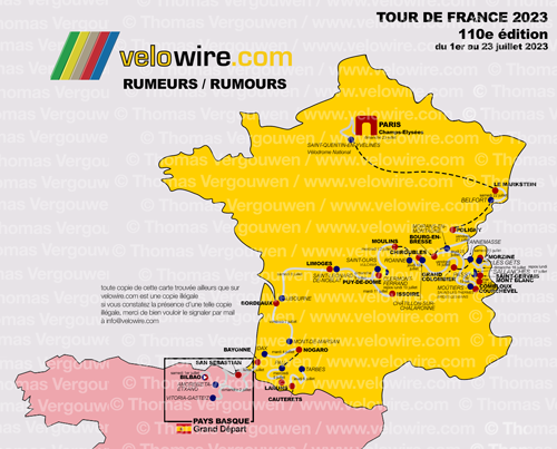 De gedetailleerde kaart met het parkoers van de Tour de France 2023 op basis van de geruchten