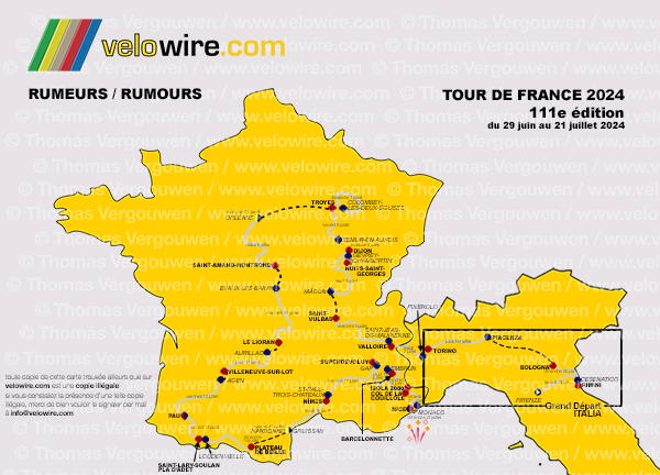 De gedetailleerde kaart met het parcours van de Tour de France 2024 op basis van geruchten
