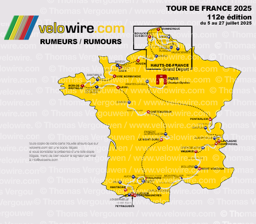 De kaart met het parcours van de Tour de France 2025 op basis van geruchten De kaart met het parcours van de Tour de France 2025 op basis van geruchten