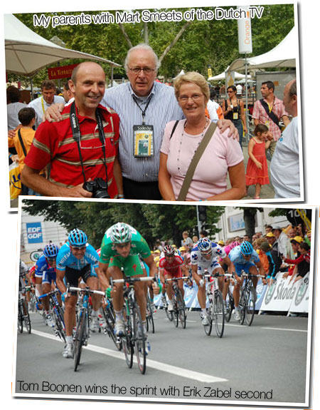 20 July 2007 - Montpellier > Castres : my parents with Mart Smeets of the Dutch TV and Tom Boonen wins the sprint with Erik Zabel second