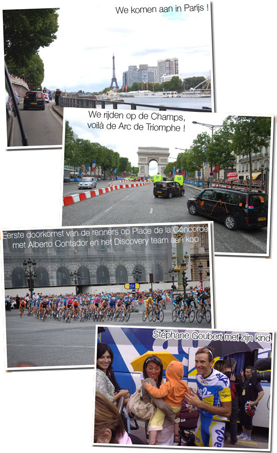 29 juli 2007 - Marcoussis > Paris - Champs-Elysées : onze aankomst in Parijs, Orange voor de Arc de Triomphe, de renners komen aan op het Place de la Concorde met Alberto Contador (Discovery Channel) voorop en Stéphane Goubert samen met zijn kind