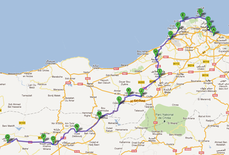 La carte avec le parcours de la 1ère étape du Tour d'Algérie 2012