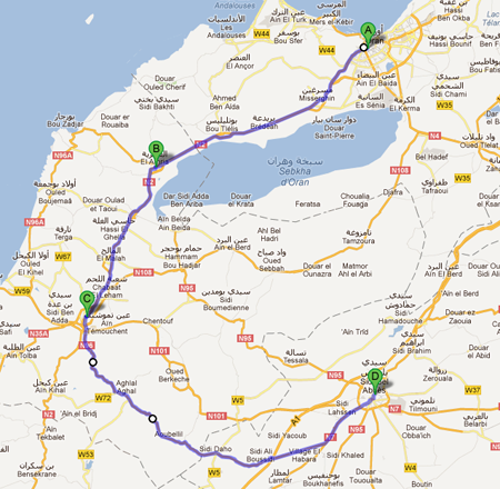 La carte avec le parcours de la 3ème étape du Tour d'Algérie 2012