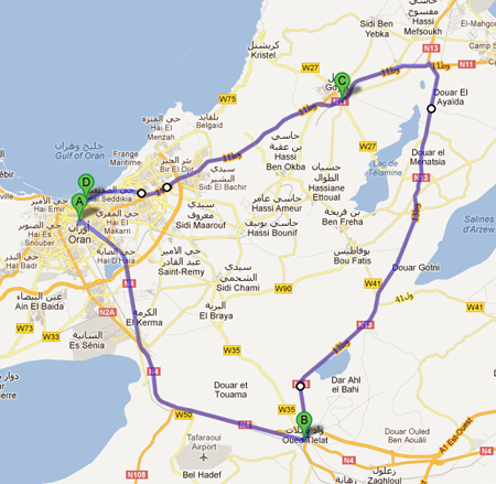 La carte avec le parcours de la 4ème étape du Tour d'Algérie 2012