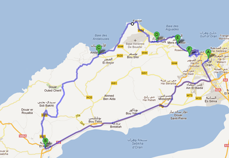 De kaart met het parcours van de 5de etappe van de Ronde van Algerije 2012