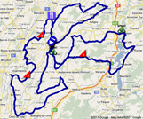 De kaart met het parcours van de tweede etappe van de Ronde van Romandië 2011 op Google Maps