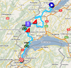De kaart met het parcours van de vijfde etappe van de Ronde van Romandië 2011 op Google Maps