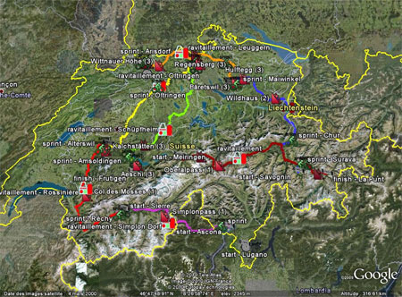 Het parcours van de Ronde van Zwitserland 2010 in Google Earth