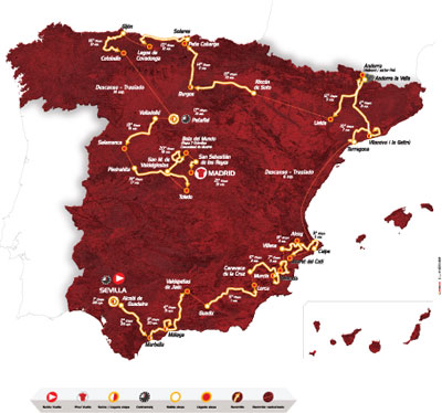 De kaart van het parcours van de Vuelta a Espa&ntildea 2010