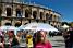 The Village Départ in Nîmes in front of the Arènes - with Liz who writes a book about the Tour de France (3907x)