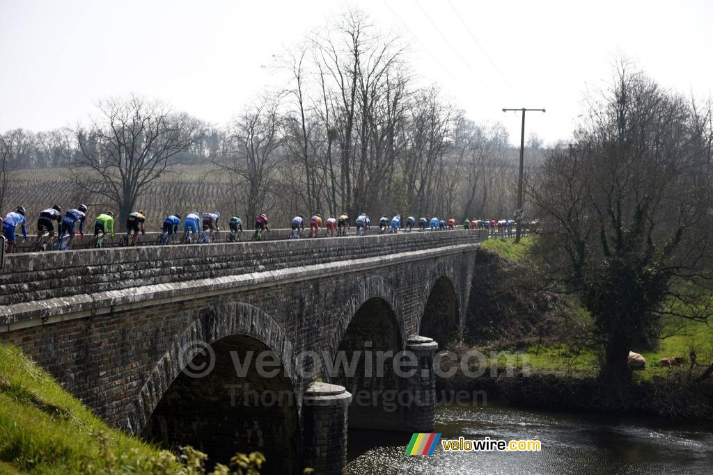 The peloton on the bridge over the Sèvre river