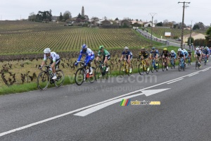 The peloton in a long single line just outside Saint Fiacre (394x)