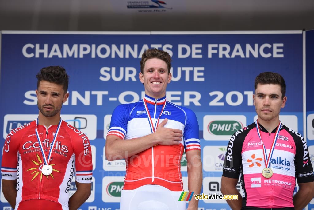 Het podium van het Franse kampioenschap 2017: Arnaud Démare, Nacer Bouhanni, Jérémy Leveau