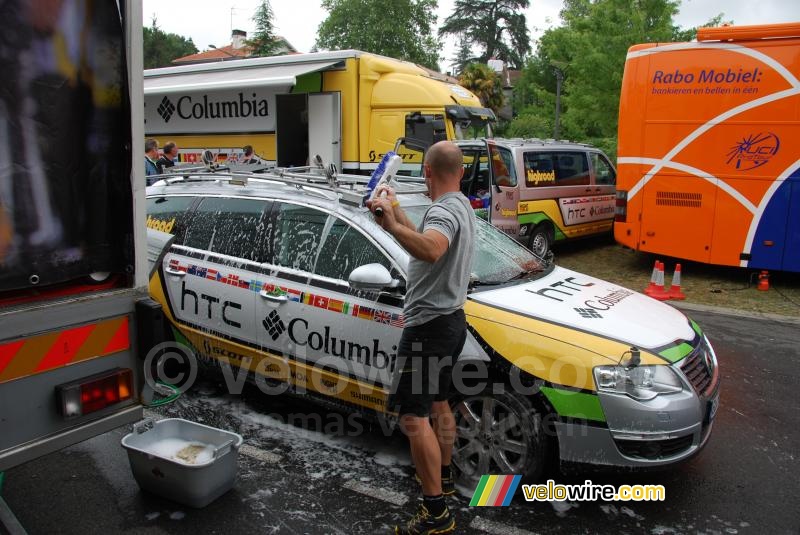The HTC-Columbia car being washed