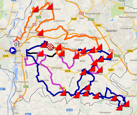 De kaart met het parcours van de Amstel Gold Race 2014
