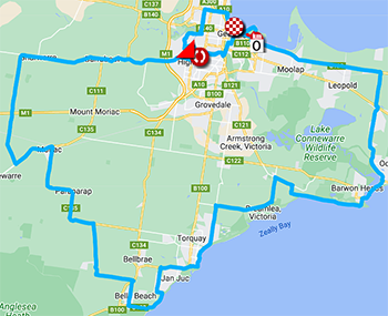 The race route of the Cadel Evans Great Ocean Road Race 2025