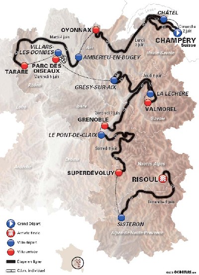 La carte du parcours du Critérium du Dauphiné 2013 La carte du parcours du Critérium du Dauphiné 2013