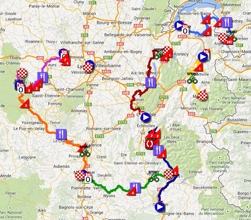 De kaart met het parcours van het Critérium du Dauphiné 2014
