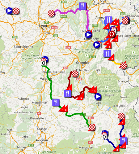 De kaart met het parcours van het Critérium du Dauphiné 2015