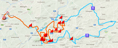 De kaart met het parcours van de E3 Harelbeke 2016