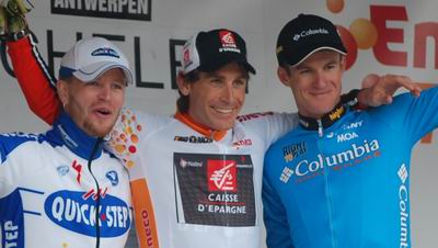 Het podium van de Eneco Tour 2008 : José Ivan Gutierrez, Sebastien Rosseler et Michael Rogers