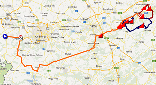 Het parcours van de Waalse Pijl 2013 op Google Maps/Google Earth