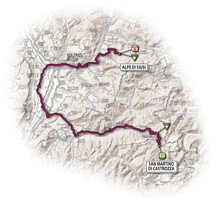 The route for the fifth stage - San Martino di Castrozza > Alpe di Siusi